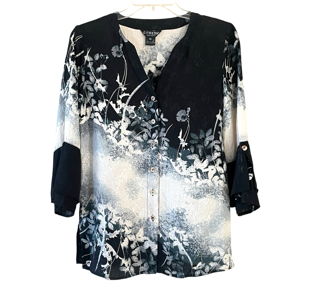 CITRON SANTA MONICA Size XS Black Ivory Gray Silk Button-Up 3/4 Sleeve Tunic Top